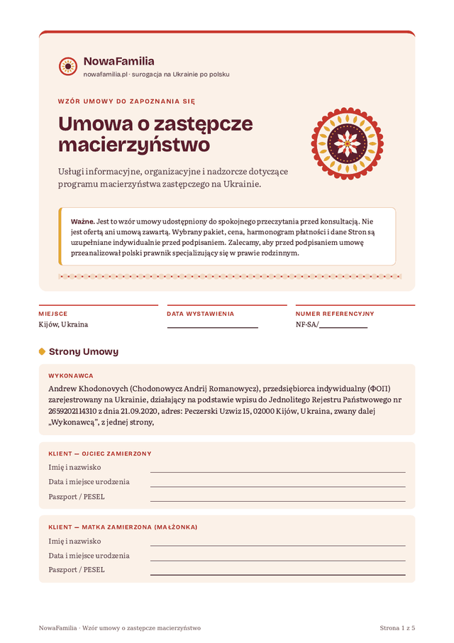 Pierwsza strona wzoru umowy o zastępcze macierzyństwo NowaFamilia