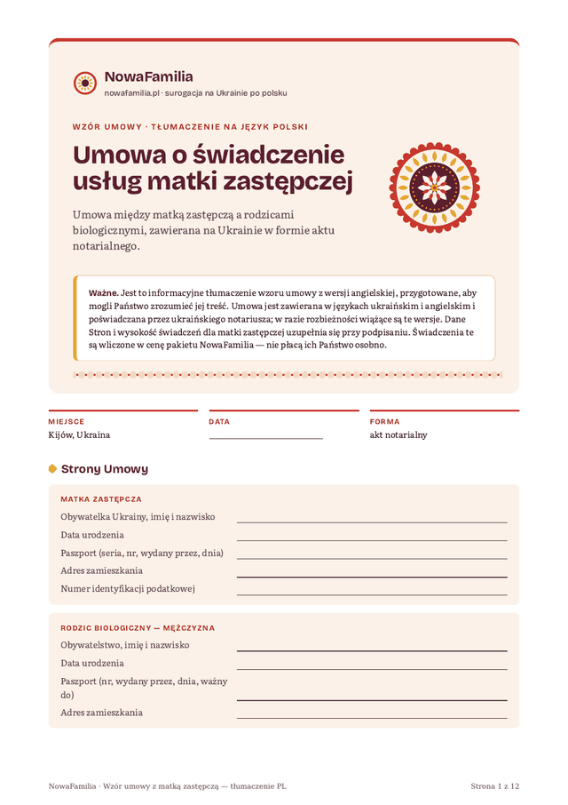 Pierwsza strona polskiego tłumaczenia wzoru umowy z matką zastępczą